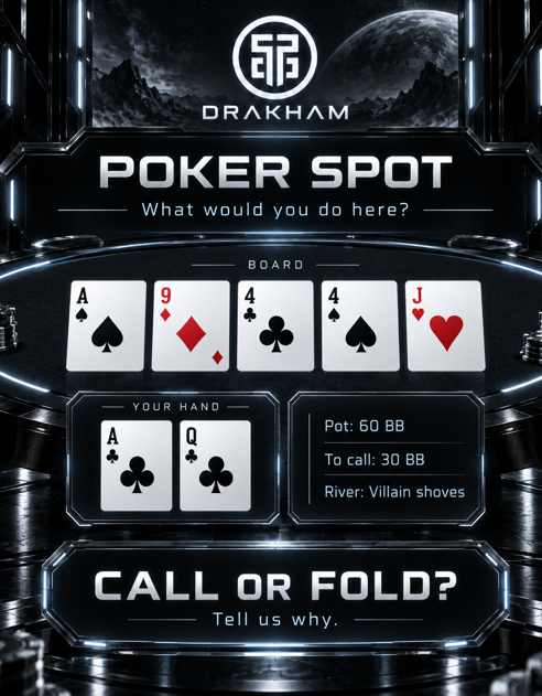 DrakhamDrops's tweet photo. POKER IQ TEST |  $50

You’re holding A♣ Q♣.

The board is:
A♠ 9♦ 4♣ 4♠ J♥

There’s 60 BB in the pot.

On the river, Villain - your opponent - goes all-in for another 30 BB.

You now have two choices:

CALL 30 BB or FOLD.

What would you do - and what hand do you think Villain is representing? share your in-game names.