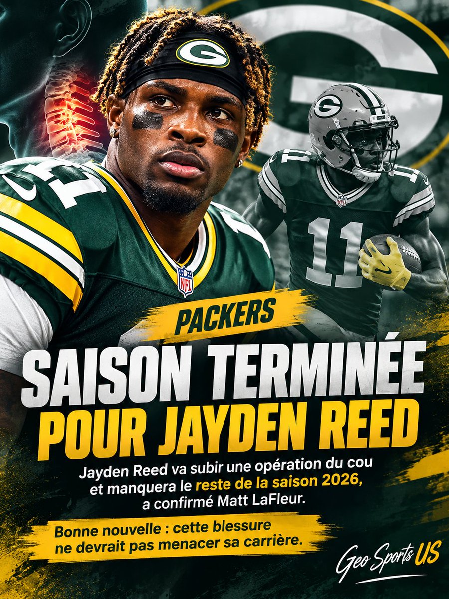 GeoSportsUS's tweet photo. 🚨 SAISON TERMINÉE POUR JAYDEN REED !
Énorme coup dur pour les Packers : Jayden Reed va subir une opération du cou et manquera tout le reste de la saison 2026, a confirmé Matt LaFleur. 🤕
Le WR de Green Bay s’était sérieusement blessé au cou face aux Jets en Week 2.
🙏 La bonne nouvelle : selon LaFleur, cette blessure ne devrait pas menacer sa carrière.
Green Bay perd donc l’une de ses principales armes offensives pour la suite de la saison.
🏥 Bon rétablissement à Jayden Reed.
#NFL #Packers #JaydenReed #GeoSportsUS