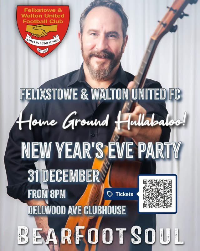 Felixseasiders's tweet photo. NEW YEARS EVE SPECTACULAR! 🧨 

Felixstowe & Walton United FC is delighted to announce a New Year’s Eve Party featuring the incredible BearFootSoul!
Playing Roots, Funk, Soul, Rock and Americana, this homecoming gig is guaranteed to bring in 2027 with a bang! 💥 
Tickets are available now for £20 and these include your first drink at the bar. 

Accompanied children welcome 

Event times: 8pm-1am.
Tickets: £20 (includes drink token) 

Scan the QR code on the event poster or click the below link to secure your tickets* 
🎟️ https://t.co/hF5NenqUiv

* Tickets cannot be reserved and are only available by booking online through the above link.

BearFootSoul