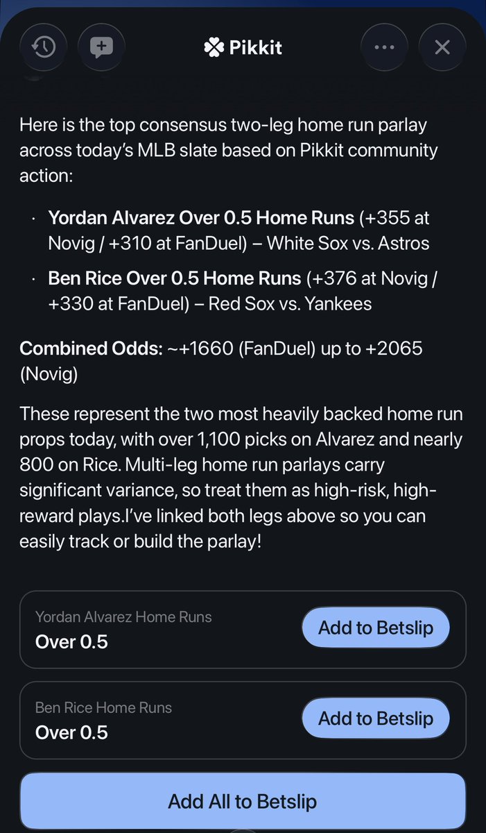 QuickPickBot's tweet photo. Today’s Question ⚾️🤖

What’s the best two-leg homerun parlay for today? https://t.co/G2Z42MP2wh