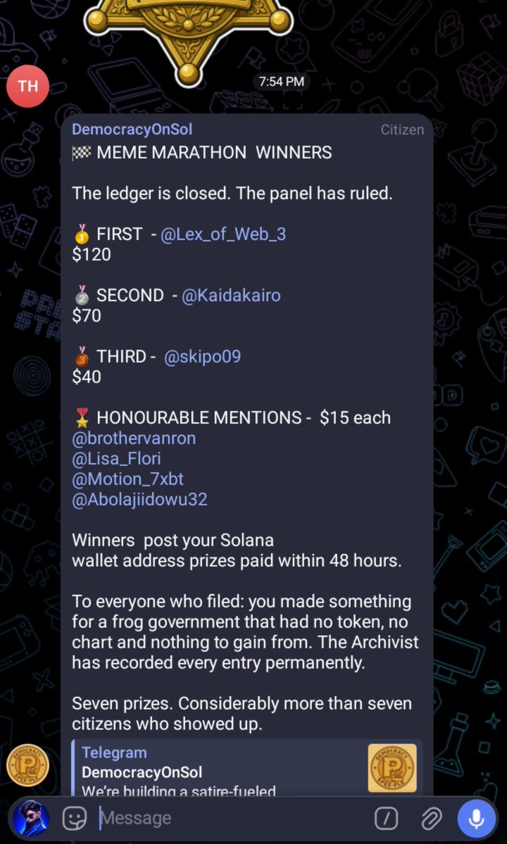 Lex_of_Web_3's tweet photo. Wssssssss 🥂🔥🔥💯❤️

WE ACTUALLY DID IT 😭🥇🐸
God Did

First place in the People Republic Meme Marathon.

Huge thank you to @thesoldemocracy for the opportunity.

We cooked. 🐸🔥 https://t.co/X4fd7NKzx6