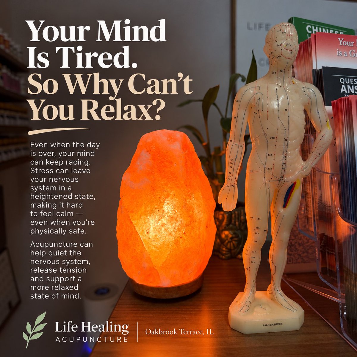 drkevintangeros's tweet photo. Your mind is tired, so why can’t you relax?

When stress keeps your system stuck in “go mode,” slowing down isn’t always easy, even when you’re exhausted.

Acupuncture helps to calm the nervous system, ease tension, &amp; help your body actually unwind.🌿

#Acupuncture #StressRelief https://t.co/3RuDI8G5x4