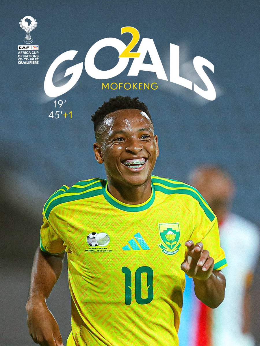 CAF_Online's tweet photo. Mofokeng with the double! 🇿🇦🔥

A brace to power Bafana Bafana to victory in the #TotalEnergiesAFCONQ2027. https://t.co/eODSrUhEec
