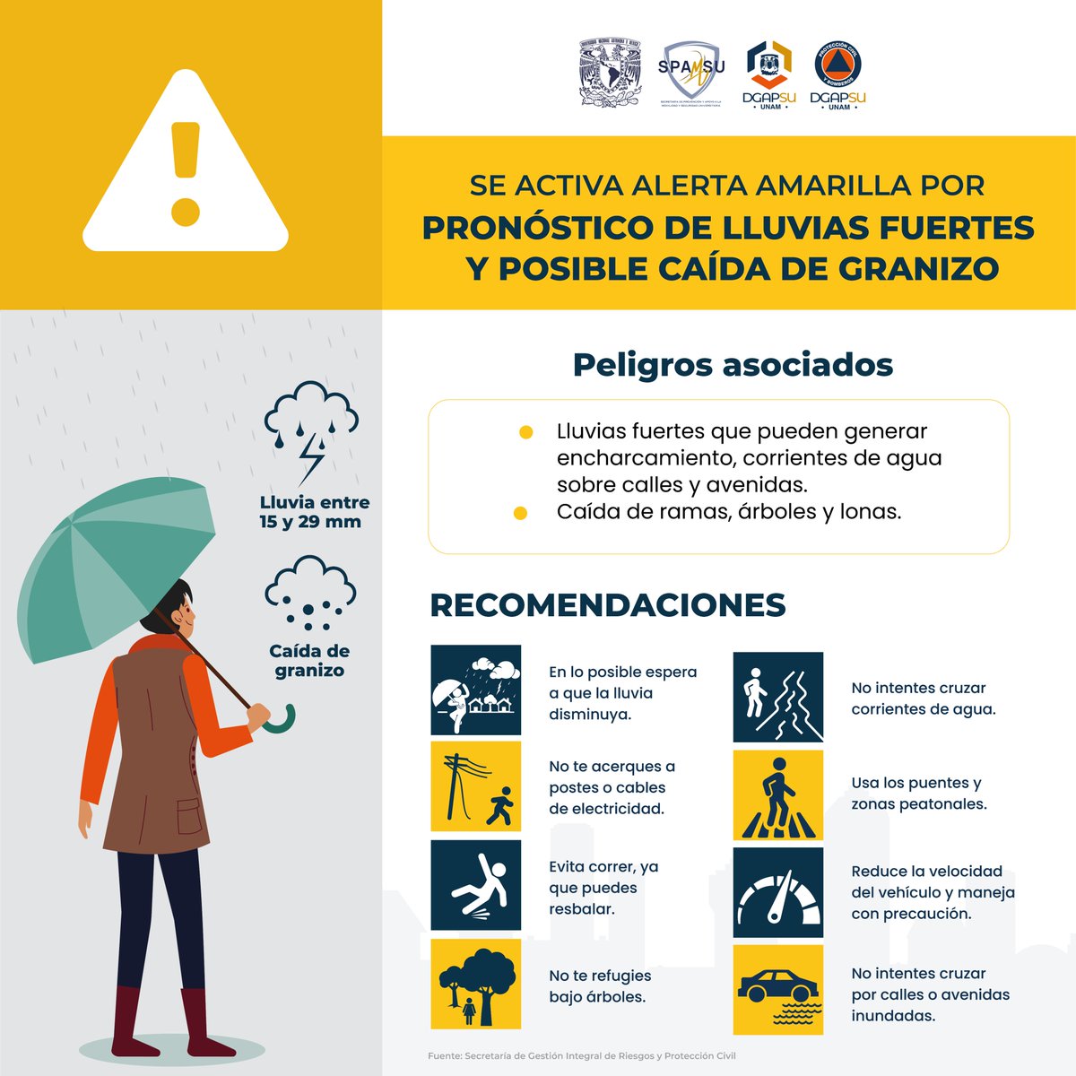 PCUNAM's tweet photo. La @SGIRPC_CDMX informa que se activa #AlertaAmarilla por pronóstico de #lluvias fuertes y posible caída de #granizo para la tarde y noche del miércoles 30/09/2026, en todas las demarcaciones de la Ciudad de México.
Toma precauciones.

#LaPrevenciónEsLaLlaveDeTuSeguridad https://t.co/V3wZVf65XH