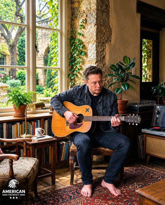 A man plays an acoustic guitar while seated barefoot in a cozy room with stone walls, plants, and bookshelves; an 'AMERICAN PATRIOT' logo appears in the lower left.