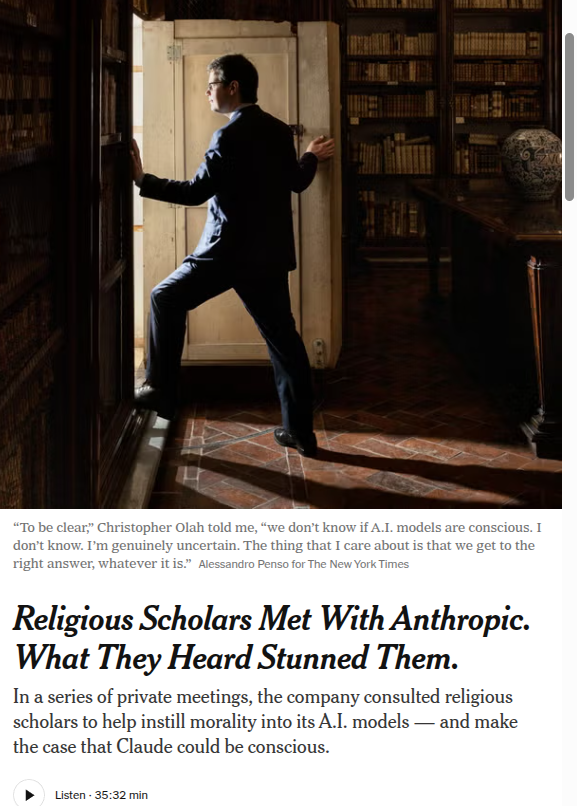 rohanpaul_ai's tweet photo. The New York Times published a piece saying that Anthropic has been quietly bringing in Catholic, Jewish, Sikh, evangelical, and other religious thinkers from around the world to help give its AI a moral compass. https://t.co/9ovo4qXteQ