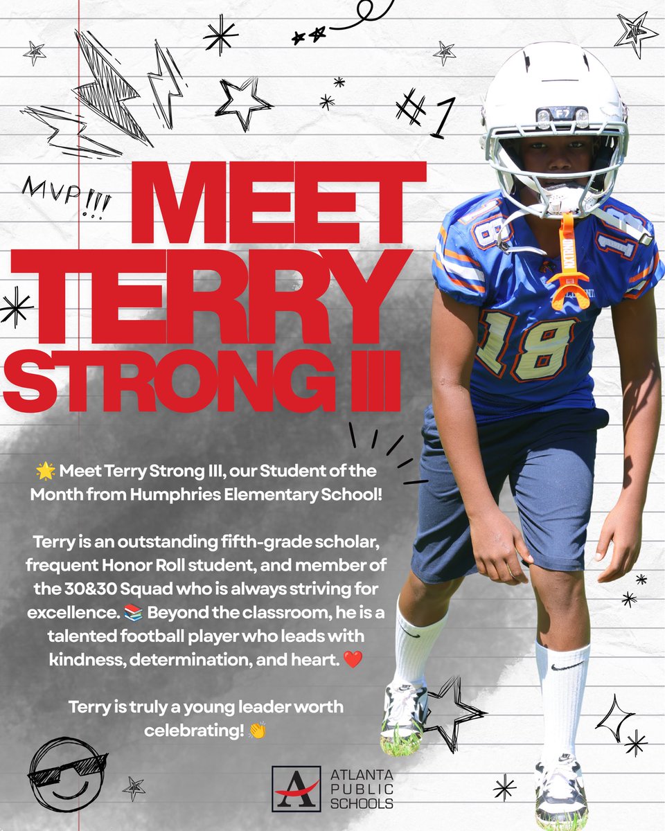 apsupdate's tweet photo. 🌟 Meet Terry Strong III, our September Student of the Month from Humphries Elementary School!

This fifth-grade scholar is making his mark both in and out of the classroom. A frequent Honor Roll student and member of the 30 & 30 Squad, Terry sets high goals for himself while encouraging his classmates to work hard and believe in themselves. 📚 Beyond academics, he is a dedicated football player for the GA Rattlers National Team who leads with kindness, patience, and heart. ❤️ Terry’s character, determination, and commitment to helping others make him a young leader worth celebrating! #APSExcellence #AtlantaPublicSchools