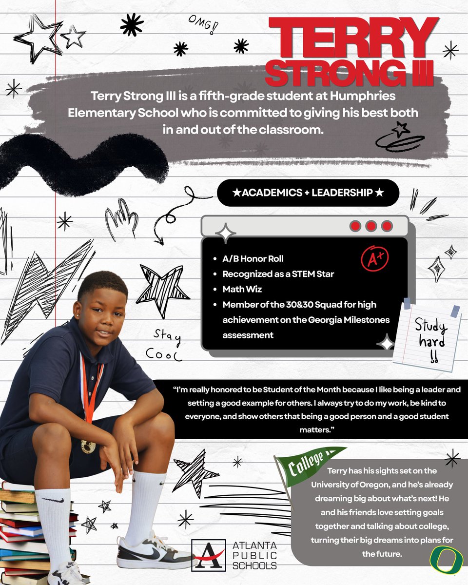 apsupdate's tweet photo. 🌟 Meet Terry Strong III, our September Student of the Month from Humphries Elementary School!

This fifth-grade scholar is making his mark both in and out of the classroom. A frequent Honor Roll student and member of the 30 & 30 Squad, Terry sets high goals for himself while encouraging his classmates to work hard and believe in themselves. 📚 Beyond academics, he is a dedicated football player for the GA Rattlers National Team who leads with kindness, patience, and heart. ❤️ Terry’s character, determination, and commitment to helping others make him a young leader worth celebrating! #APSExcellence #AtlantaPublicSchools