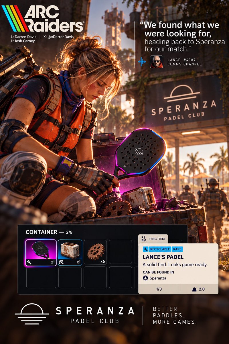 xDarrenDavis's tweet photo. Okay one more OMB submission for the @ARCRaidersGame fans out there 

I’m sure this would sell a ton of backpack Padel charms in the shop 

@OneMinuteBriefs #RivenTides #LanceQuest #LegendaryPadel #Speranza #SellMeThisPadel #Advertising #OneMinuteBrief #ArcRaiders https://t.co/VPTfra3FhI
