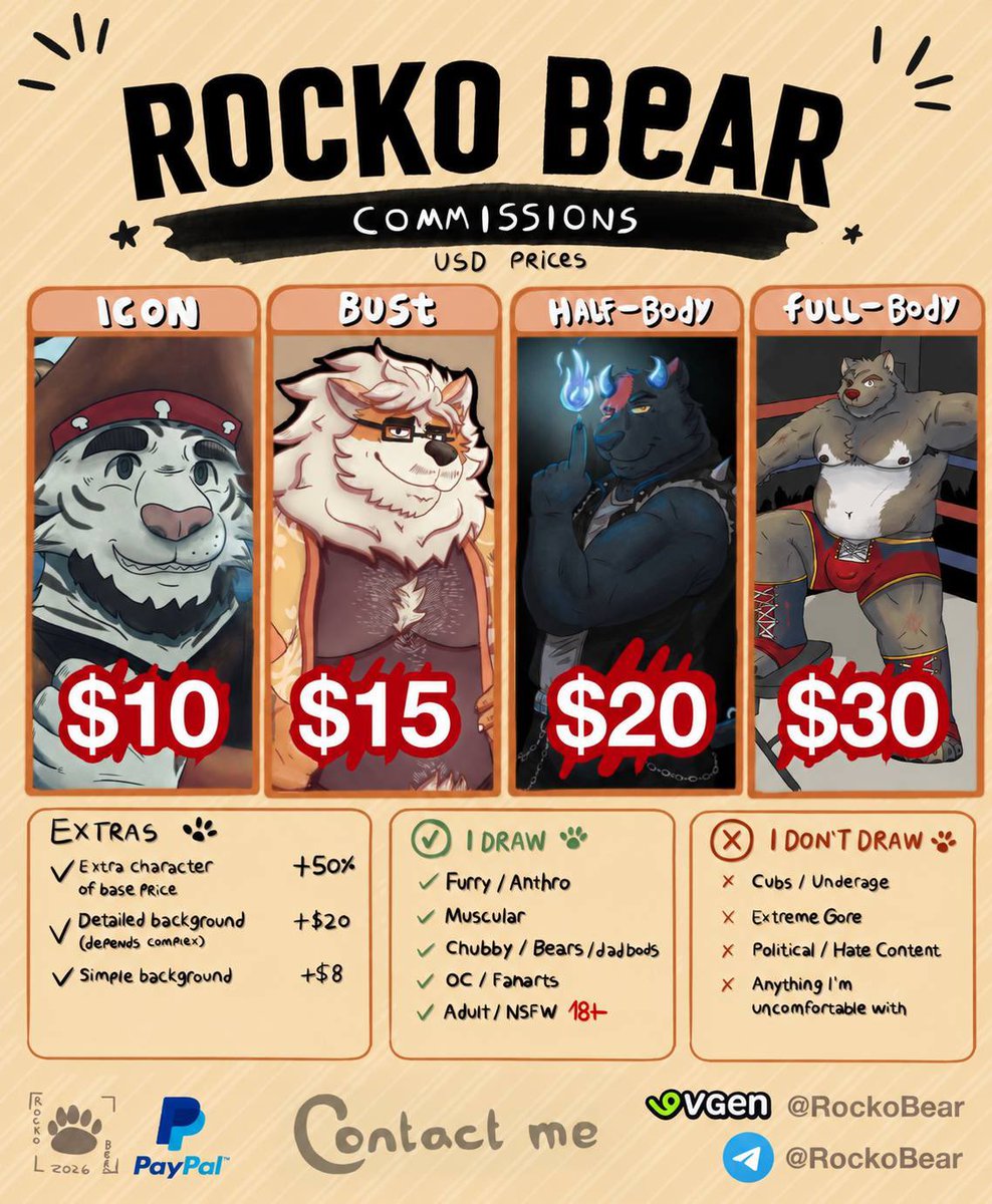 RockoBear's tweet photo. I have 3 art slots available illustrations, YCHs and animations!

And I also have 1 technical art slot available for VTuber stuff, like GIF PNGTubers, 3D VTubers, 3D models and rigs!

If you are interested in commissioning me, feel free to send me a message!! 🐻🐻🐻🐻
I will be super happy to work with you!! :33

#Commsopen #CommissionsOpen #FurryArt