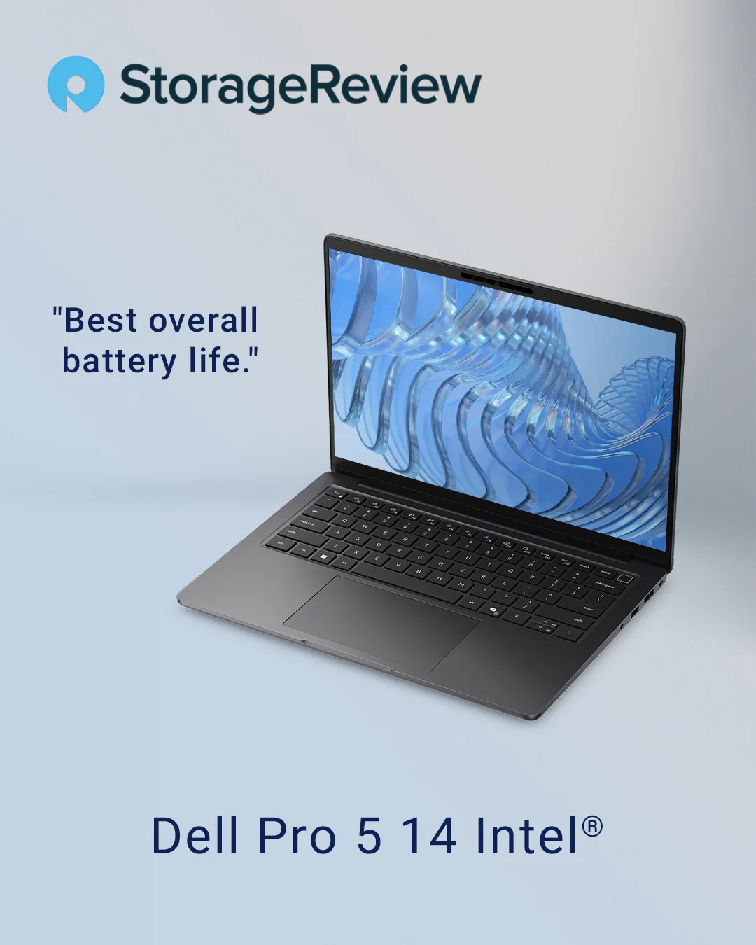 A dark gray Dell Pro 5 14 Intel\u00AE laptop, angled on a light blue-gray background. Its screen displays a blue, abstract wavy pattern. Text at the top left reads \"StorageReview\" with a logo, and below it, \"Best overall battery life.\"