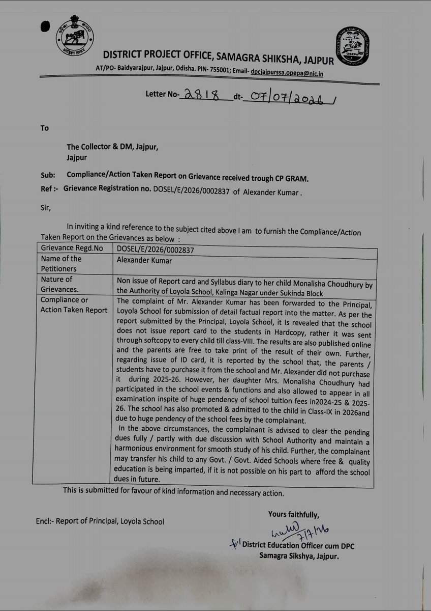 AlexanderKumar1's tweet photo. @dm_jajpur @deojajpur @CMO_Odisha @PMOIndia @rashtrapatibhvn @indSupremeCourt @NityanandaBJP 
The response submitted by the school management is completely baseless and does not adequately address the issues raised by us. Therefore, on August 1, 2026, we requested the District Magistrate (DM) to reform/reconstitute the committee and conduct a proper inquiry into the matter. However, despite the passage of considerable time, the committee has not yet been reformed or reconstituted.