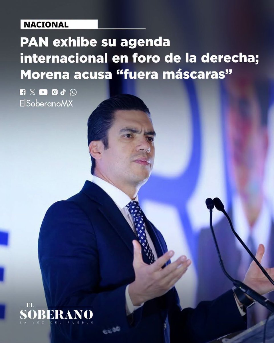 ElSoberanoMX's tweet photo. #Nacional ➡️ PAN exhibe su agenda internacional en foro de la derecha; Morena acusa “fuera máscaras”

@Paulogarciag , Presidente de Morena CDMX, cuestionó al PAN por el Foro América Libre, donde Jorge Romero y Felipe Calderón se reunieron con figuras de la derecha internacional. Señaló que el encuentro exhibe el perfil conservador del blanquiazul.

Más en: https://t.co/3h5qLW3gcv