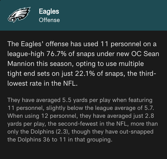 EJSmith94's tweet photo. Not to become the multiple TE sets guy (shoutout @pdomo), but most of the league's best offenses are going toward heavy sets just as the #Eagles lean the furthest into being an 11-personnel offense. https://t.co/jfDAGpNdlk