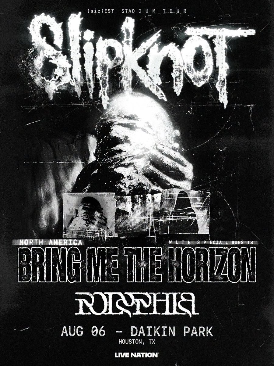 polyphia's tweet photo. Houston on August 6 with @slipknot and @bmthofficial. Tickets on sale Friday at 10am local. Presale tickets on sale now with code: SICEST https://t.co/aJOoXD8x7P https://t.co/OnMcJCt6lX