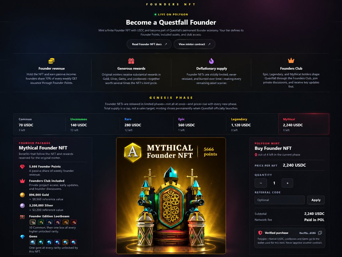 QuestfallHQ's tweet photo. You can still become a Questfall Founder before we launch on-chain and QFT mining begins. ⚡

💎 Founder perks include:
• Share 10% of weekly mined QFT
• Exclusive Founder Lootboxes
• Up to 8× the NFT value in Gold & Silver rewards
• Access to the private Founders Club

🤝 Want to become an Ambassador?
Earn up to 25% in USDC from Founder NFT sales.
DM us today to apply.

https://t.co/5Hvcf4CN4i

#Questfall #QFT #Blockchain #Mining #Web3 #NFT #GameFi #Ambassadors