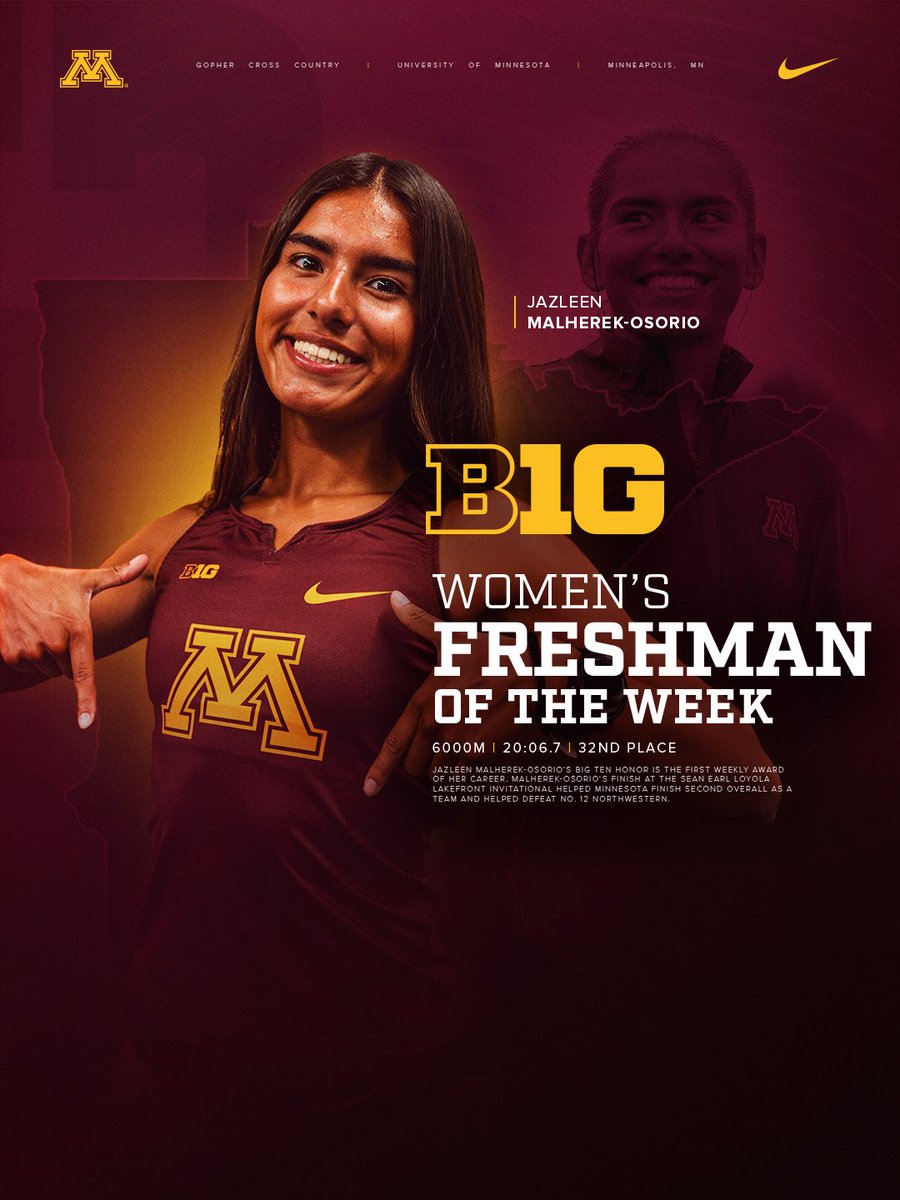 GopherCCTF's tweet photo. Jazleen is the @bigten Freshman of the Week! 🤩 

After an elite Griak, Malherek-Osorio followed up with a strong performance in Chicago! #ncaaXC #SkiUMah https://t.co/6f60H10RYF