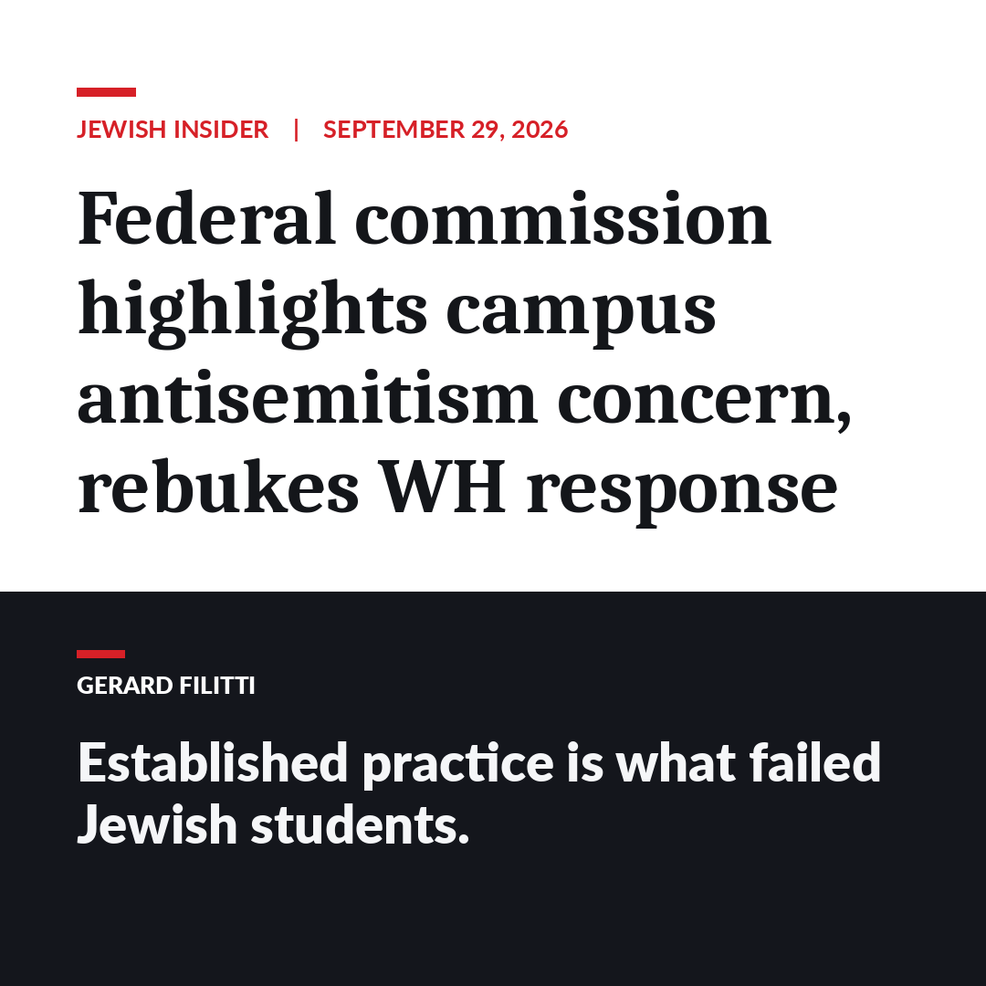 GerardFilitti's tweet photo. A unanimous, bipartisan Civil Rights Commission report calls the administration's campus enforcement "a departure from established practice." Established practice left Jewish students unprotected for years. The answer is more enforcement, not less. #Antisemitism #TitleVI https://t.co/MBSDNzI61Z