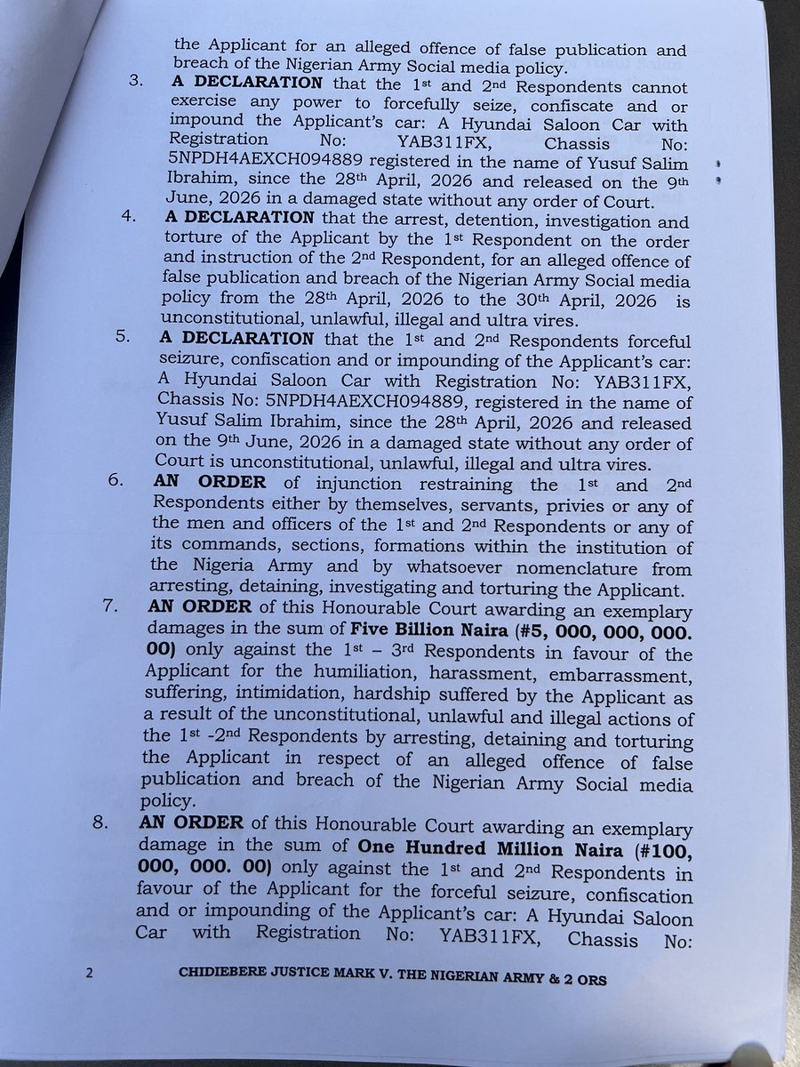 Justice_Crack's tweet photo. PUBLIC STATEMENT

Today, through my legal team, I filed a fundamental rights suit against the Nigerian Army, the Chief of Army Staff, and the Attorney-General of the Federation over the violation of my fundamental rights.

On 28 April 2026, I was taken into custody by members of the Nigerian Army. During my detention, I was subjected to severe and degrading treatment. I was handcuffed and blindfolded, kept under the sun during the day and in extremely cold conditions at night. I was also denied adequate access to water and basic necessities.

At the time, I did not know what would happen to me. I cried out for help and held on to my faith in God. I remain grateful to God for preserving my life through that experience.

I was subsequently transferred to the custody of the Department of State Services (DSS), where I spent approximately 21 days in detention.

Although the court granted me bail, several months have now passed, and the violation of my fundamental rights has still not received the attention and remedy that the law provides.

On 28 September 2026, I was again in court as the criminal proceedings continued. However, I believe it is important that the violation of my fundamental rights is also properly addressed through the appropriate legal process.

This fundamental rights action is not an attempt to interfere with the ongoing criminal proceedings. It is a lawful step taken through my legal team to seek judicial determination of the circumstances surrounding my detention and the violation of my constitutional rights.

I have chosen to pursue this matter through the courts because I believe that every citizen, regardless of their views, position, or circumstances, is entitled to the protection of the law and to have their fundamental rights respected.

I am making this statement to formally notify the general public that this legal action has been commenced.

I will continue to allow the courts to determine the issues before them and will refrain from making statements that could prejudice the proceedings.

I am seeking justice, accountability, and respect for the rule of law.

Justice Can Never Crack.