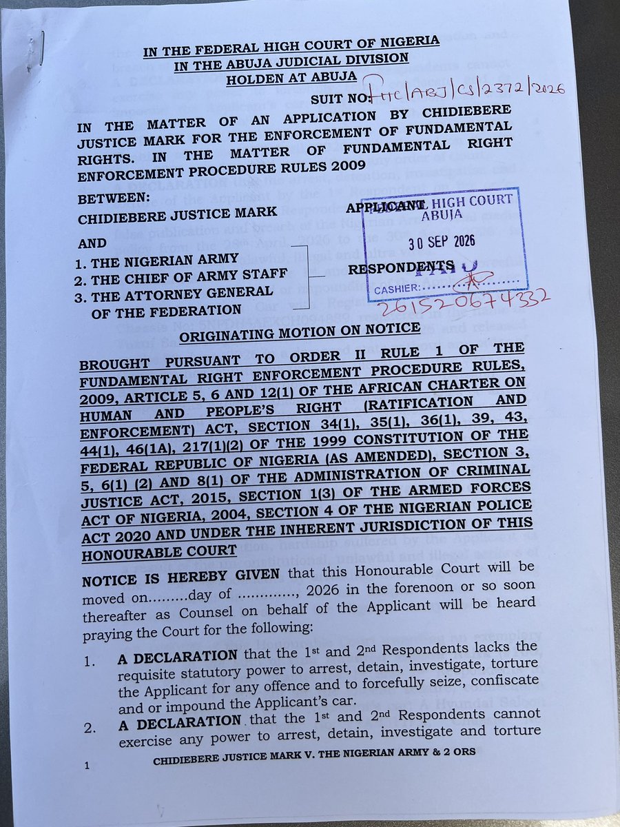 Justice_Crack's tweet photo. PUBLIC STATEMENT

Today, through my legal team, I filed a fundamental rights suit against the Nigerian Army, the Chief of Army Staff, and the Attorney-General of the Federation over the violation of my fundamental rights.

On 28 April 2026, I was taken into custody by members of the Nigerian Army. During my detention, I was subjected to severe and degrading treatment. I was handcuffed and blindfolded, kept under the sun during the day and in extremely cold conditions at night. I was also denied adequate access to water and basic necessities.

At the time, I did not know what would happen to me. I cried out for help and held on to my faith in God. I remain grateful to God for preserving my life through that experience.

I was subsequently transferred to the custody of the Department of State Services (DSS), where I spent approximately 21 days in detention.

Although the court granted me bail, several months have now passed, and the violation of my fundamental rights has still not received the attention and remedy that the law provides.

On 28 September 2026, I was again in court as the criminal proceedings continued. However, I believe it is important that the violation of my fundamental rights is also properly addressed through the appropriate legal process.

This fundamental rights action is not an attempt to interfere with the ongoing criminal proceedings. It is a lawful step taken through my legal team to seek judicial determination of the circumstances surrounding my detention and the violation of my constitutional rights.

I have chosen to pursue this matter through the courts because I believe that every citizen, regardless of their views, position, or circumstances, is entitled to the protection of the law and to have their fundamental rights respected.

I am making this statement to formally notify the general public that this legal action has been commenced.

I will continue to allow the courts to determine the issues before them and will refrain from making statements that could prejudice the proceedings.

I am seeking justice, accountability, and respect for the rule of law.

Justice Can Never Crack.
