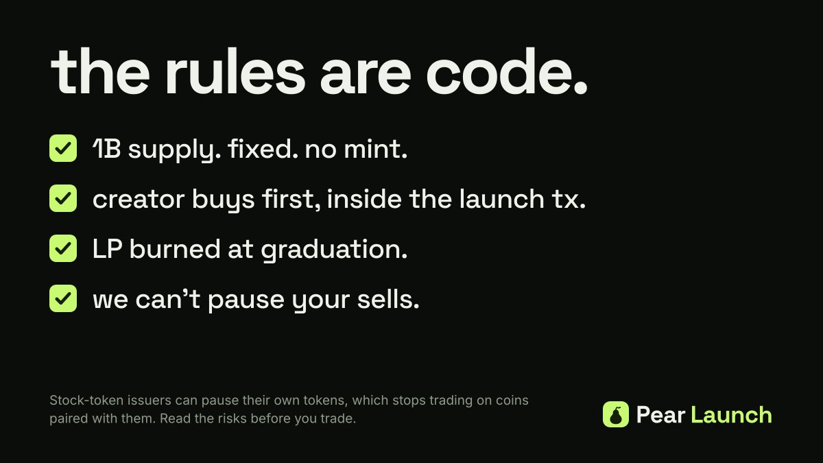 PearLaunch_'s tweet photo. the rules are code:

1B supply, fixed, no mint
creator buys first, inside the launch tx
LP burned at graduation
we can't pause your sells

(stock-token issuers can still pause their own tokens, which stops trading on those pairs) https://t.co/xXL7xPijPi