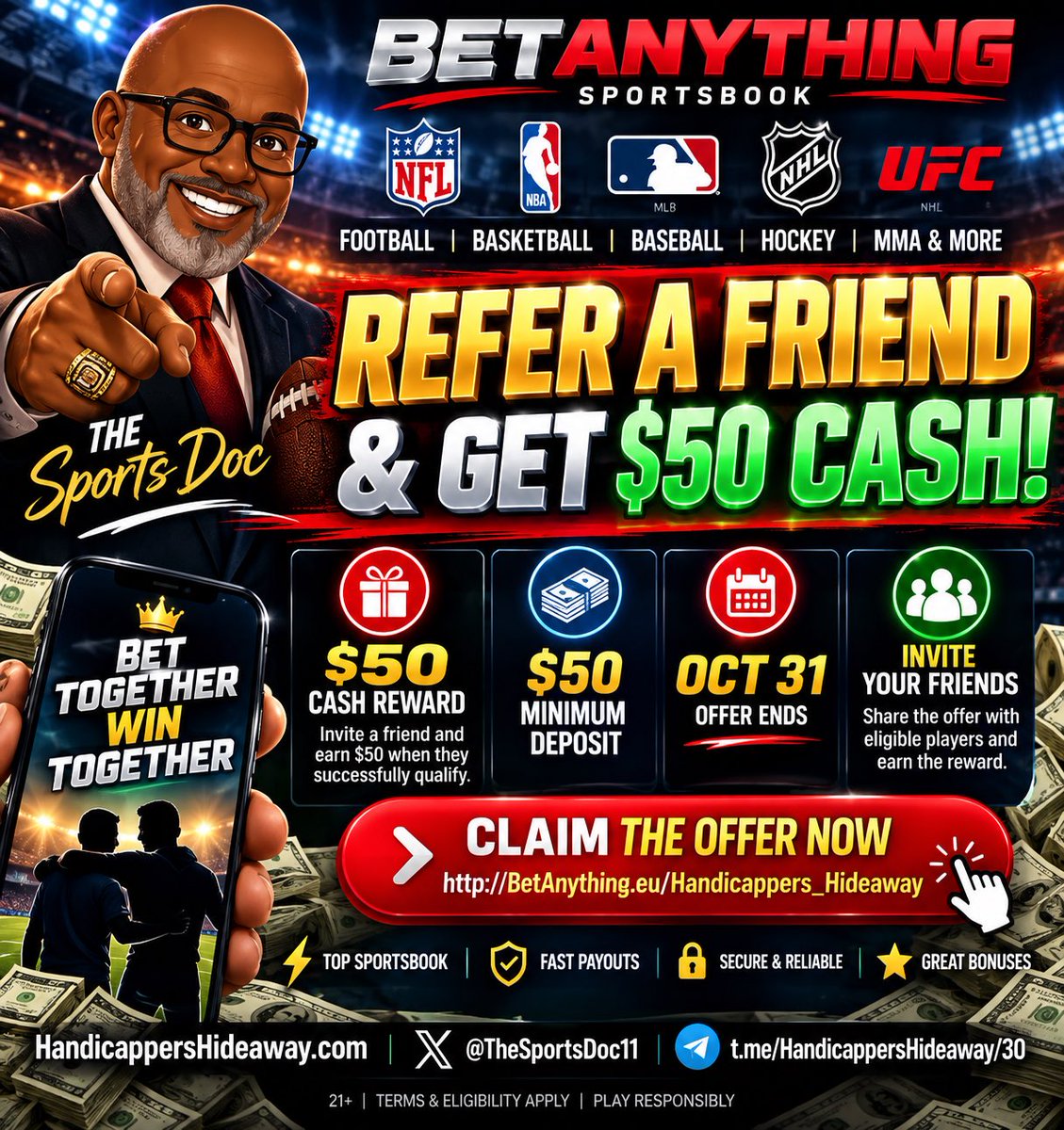 TheSportsDoc11's tweet photo. 📢 REFER A FRIEND & GET $50 CASH! 💰

Got a friend who loves the action? Send them to BetAnything and earn a $50 CASH REWARD when they successfully qualify! 🔥

🎁 Reward: $50 Cash
💵 Minimum Deposit: $50
⏰ Ends: October 31
👥 Refer eligible friends & earn when the requirements are met.

👉 CLAIM THE OFFER AT BETANYTHING⁠

🏈 Football • 🏀 Basketball • ⚾ Baseball • 🏒 Hockey & More

Don’t wait until the clock hits zero. Refer. Qualify. Get rewarded.

21+ | Terms & eligibility apply | Play responsibly.

#BetAnything #ReferAFriend #SportsBetting #Sportsbook #BettingBonus #NFL #CollegeFootball #TheSportsDoc #HandicappersHideaway