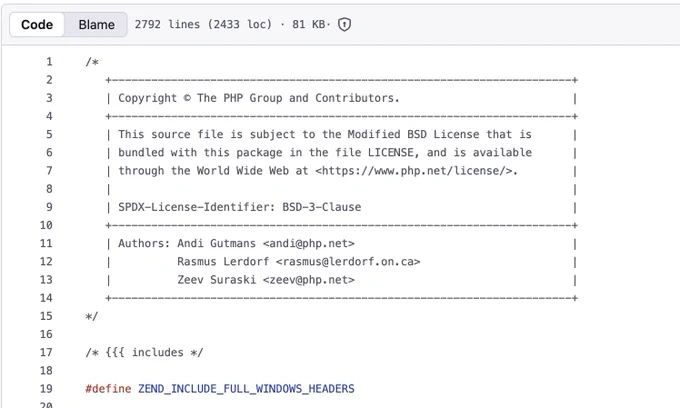 screenshot of the php source code from github