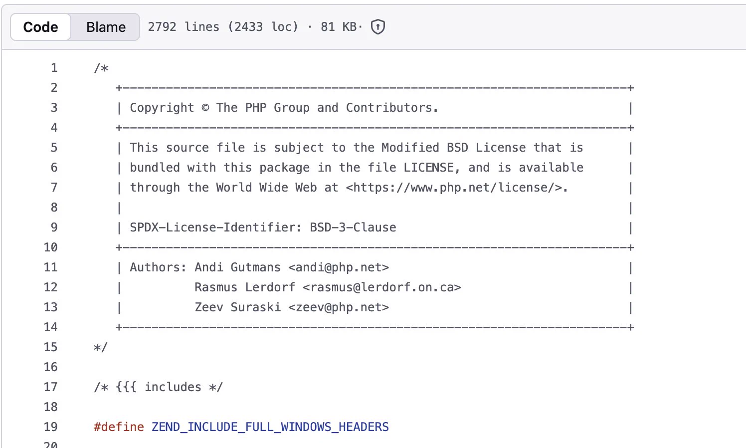 screenshot of the php source code from github