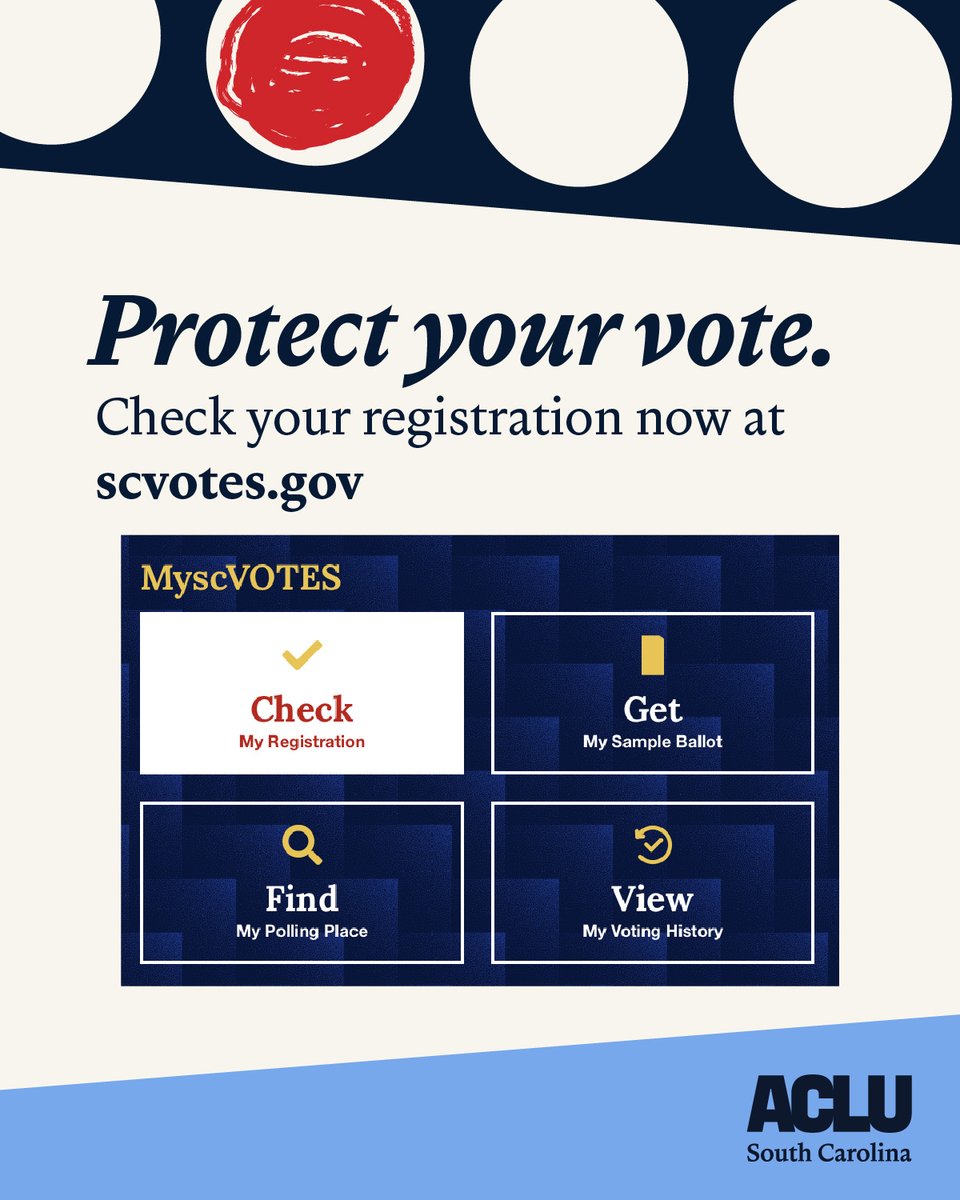 ACLU_SC's tweet photo. Protect your vote. Check your registration today. https://t.co/5NIKz7XK6K https://t.co/oZ72bEGl5p