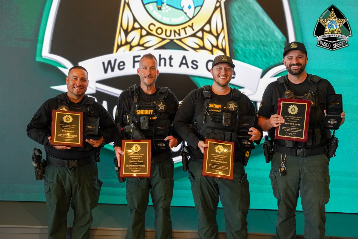 PascoSheriff's tweet photo. We Fight As One Wednesday: Last week, we celebrated both the newest additions to our agency and the incredible milestones of our current team. PSO swore in several new members who took the oath to serve and protect our citizens, while honoring staff with promotions, life-saving awards, and years-of-service milestones. Congratulations to all current members recognized for their accomplishments and to the new members who answered the call to serve Pasco County.

We also want to thank Grace Family Church for hosting this event and Florida West Coast Credit Union for sponsoring the awards. Your support is greatly appreciated!