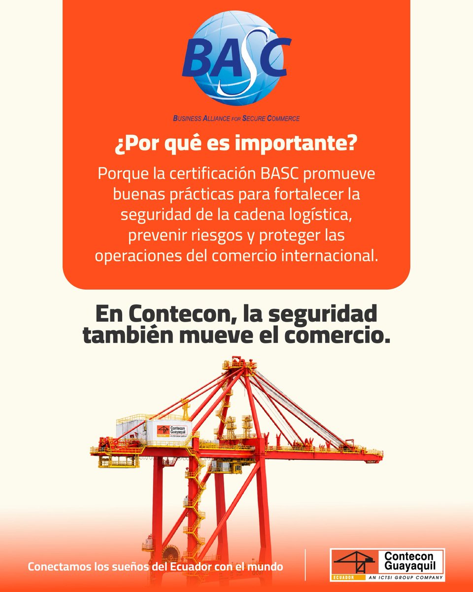 ConteconGYE's tweet photo. Contar con la certificación BASC reafirma nuestro compromiso con una operación portuaria segura, confiable y alineada con las buenas prácticas del comercio internacional. En Contecon, protegemos los sueños que conectan al Ecuador con el mundo. 🌎 #Contecon https://t.co/HsnGR3I0h1