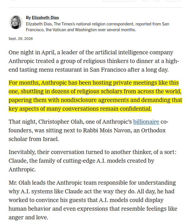 rohanpaul_ai's tweet photo. The New York Times published a piece saying that Anthropic has been quietly bringing in Catholic, Jewish, Sikh, evangelical, and other religious thinkers from around the world to help give its AI a moral compass. https://t.co/9ovo4qXteQ
