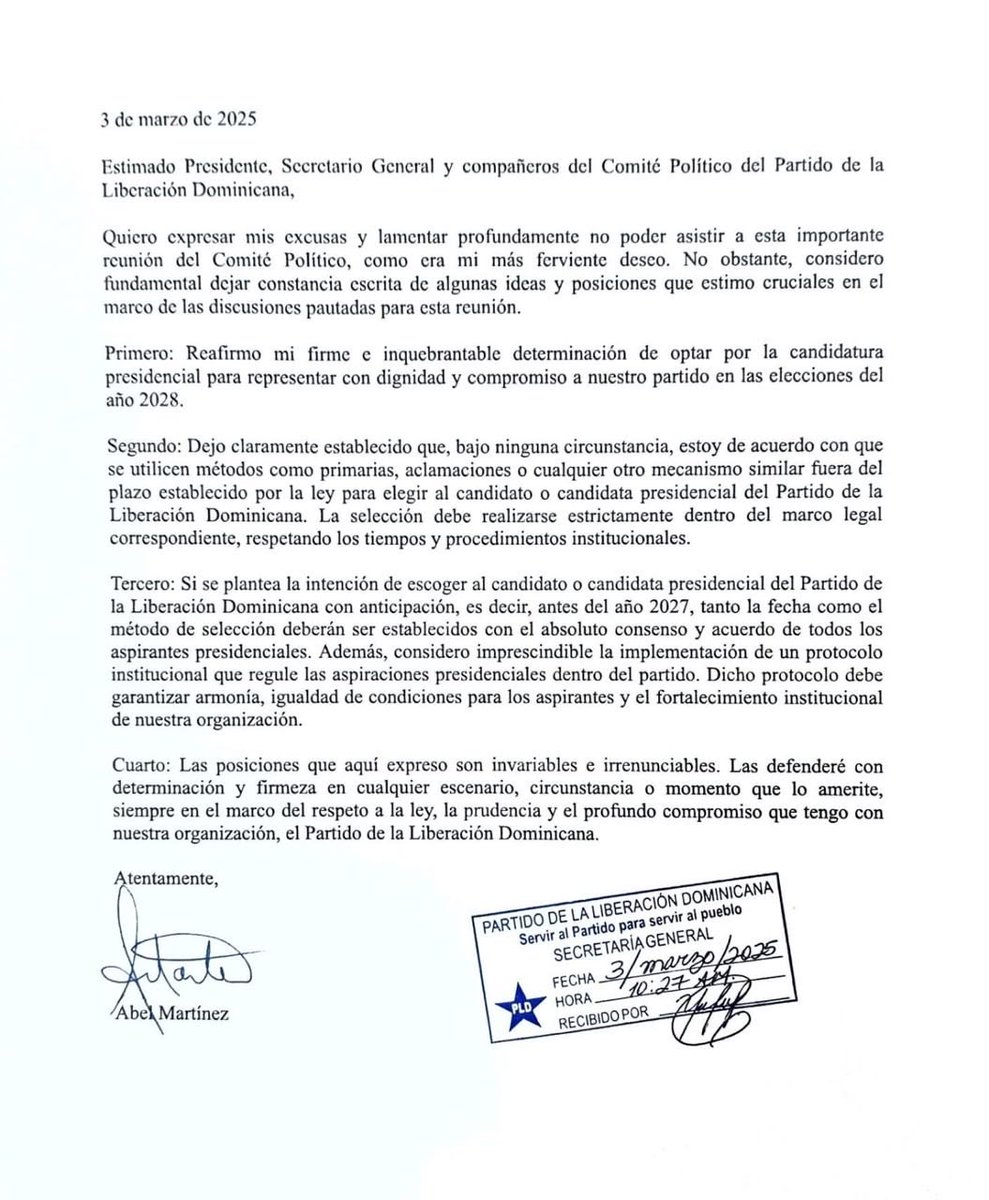 uncafeconabel's tweet photo. No es jueves de TBT pero tras la decisión del PLD de suspender la consulta y luego de tantos ataques contra Abel Martínez por no participar en la misma, recordamos esta carta de marco de 2025 https://t.co/uYzOazdwNC