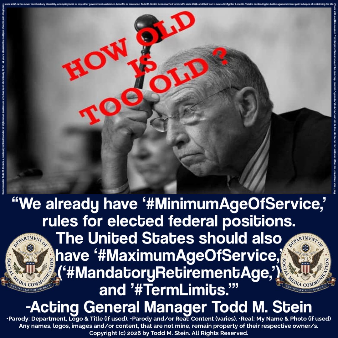 Todd_M_Stein's tweet photo. “How old is too old?”^
@RepMaxineWaters
@realDonaldTrump
@ChuckGrassley
@rosadelauro
Who else?…
—
“We…have ‘#MinimumAgeOfService,’ rules for elected fed positions.
…US should…have
‘#MaximumAgeOfService,’
(‘#MandatoryRetirementAge,’)
& ‘#TermLimits.’”
—
^H/t: #theconsciousvibe https://t.co/OodUJ9OUJ5