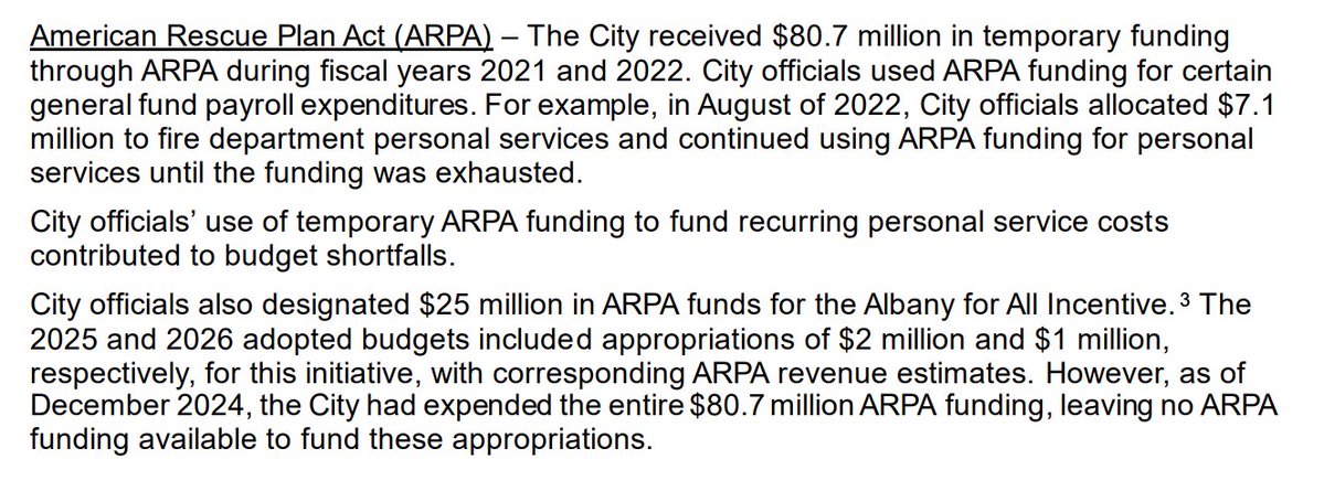 PolicyEngineer's tweet photo. This is what multiple rounds of state bailouts, without meaningful reforms, buys. Among the highlights in this damning audit: Albany burned through $81M in ARPA money, didn't treat it as temporary, ran out of it, and then appropriated non-existent ARPA money. https://t.co/6fcsCJnoJf