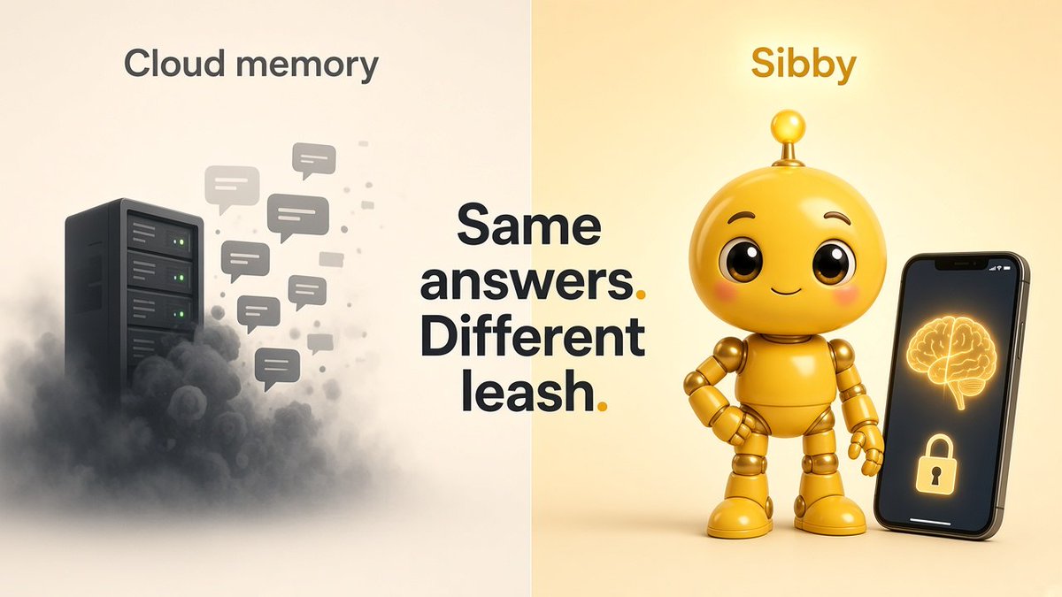 SIBNBTECH's tweet photo. ChatGPT/Claude memory: lives on their servers.
Sibby memory: lives in your browser, encrypted.

Same kind of personal answers.
Different leash.

Passkey lock. Backup file. You're in charge. https://t.co/IYb5rWyM7N