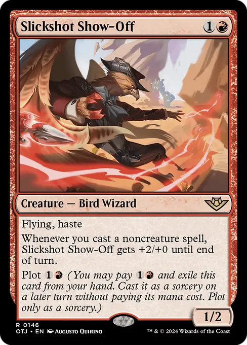 Shinxeeble's tweet photo. First days thoughts, these three cards play really well together, a part of it is that slickshot is just a really great card but reliably having 2 spells to trigger it with is sick.

Pompous battlemage is as good as you think it is as seen in the izzet challenge lists. pyre is eh https://t.co/CO1IFIt1D3