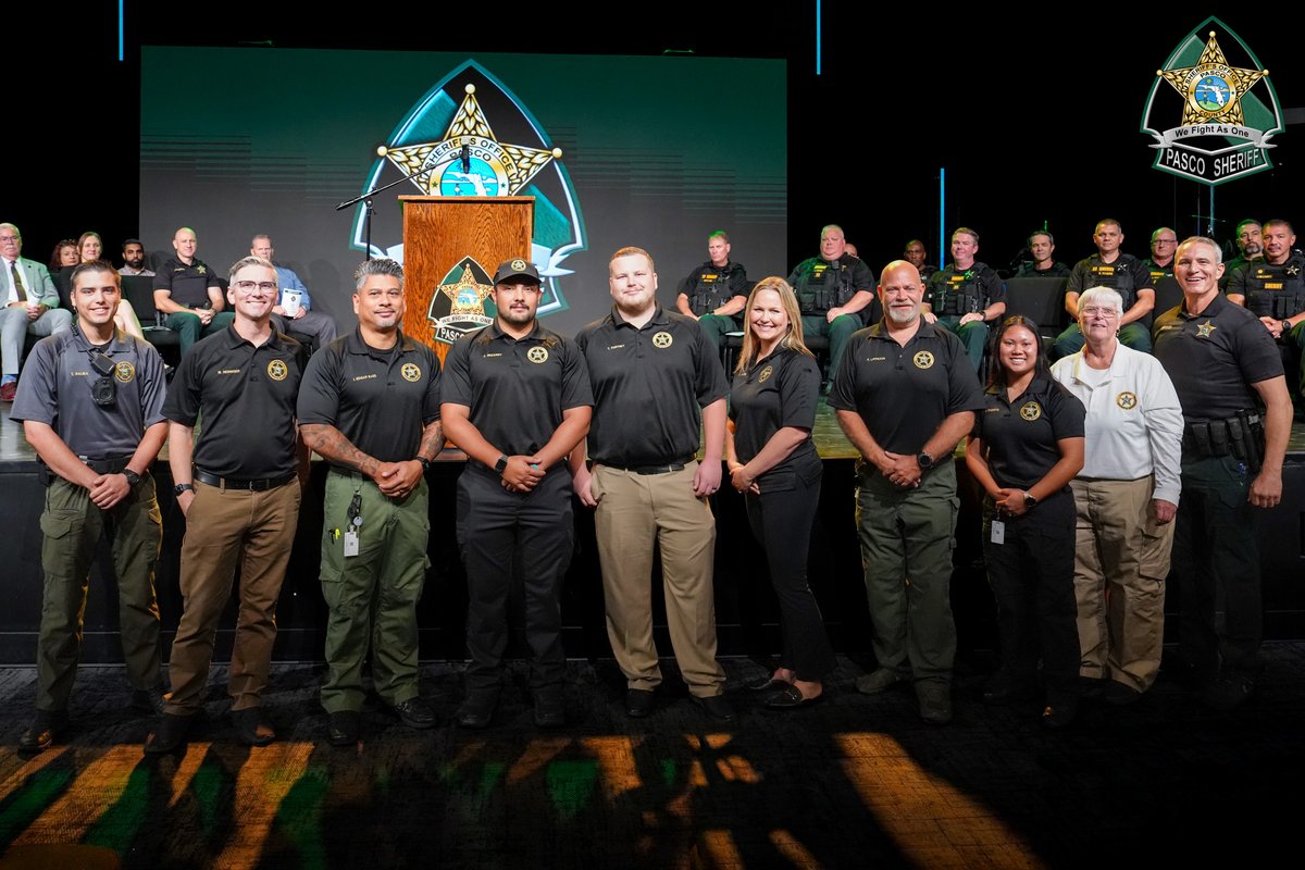 PascoSheriff's tweet photo. We Fight As One Wednesday: Last week, we celebrated both the newest additions to our agency and the incredible milestones of our current team. PSO swore in several new members who took the oath to serve and protect our citizens, while honoring staff with promotions, life-saving awards, and years-of-service milestones. Congratulations to all current members recognized for their accomplishments and to the new members who answered the call to serve Pasco County.

We also want to thank Grace Family Church for hosting this event and Florida West Coast Credit Union for sponsoring the awards. Your support is greatly appreciated!