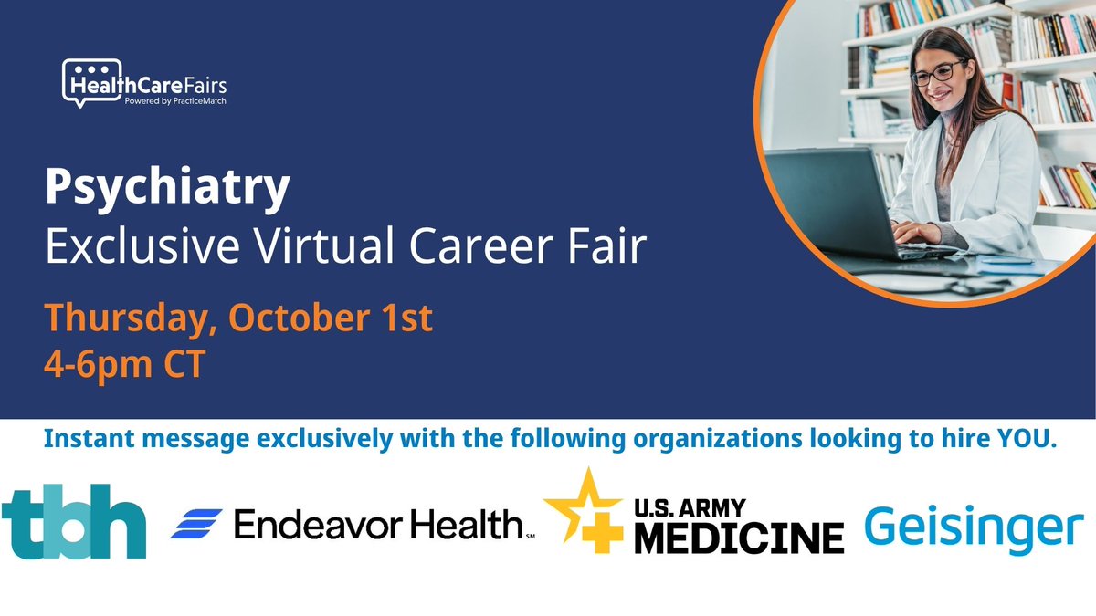 PracticeMatch's tweet photo. Tomorrow is the Psychiatry Semi-Exclusive Virtual Career Fair.

Residents, fellows, practicing psychiatrists, and psych NPs and PAs can connect one-on-one with organizations hiring nationwide, including Endeavor Health, Geisinger, Traditions Behavioral Health, and US Army Medical Recruiting. Join from your phone or computer and chat with the employers that interest you most.

📅 Thursday, Oct. 1 | 4:00 to 6:00 PM CT
Free to attend. Log in anytime and stay as long as you like.

📋Register now: https://t.co/OrNUj0HSPa

#PracticeMatch #CareerFairs