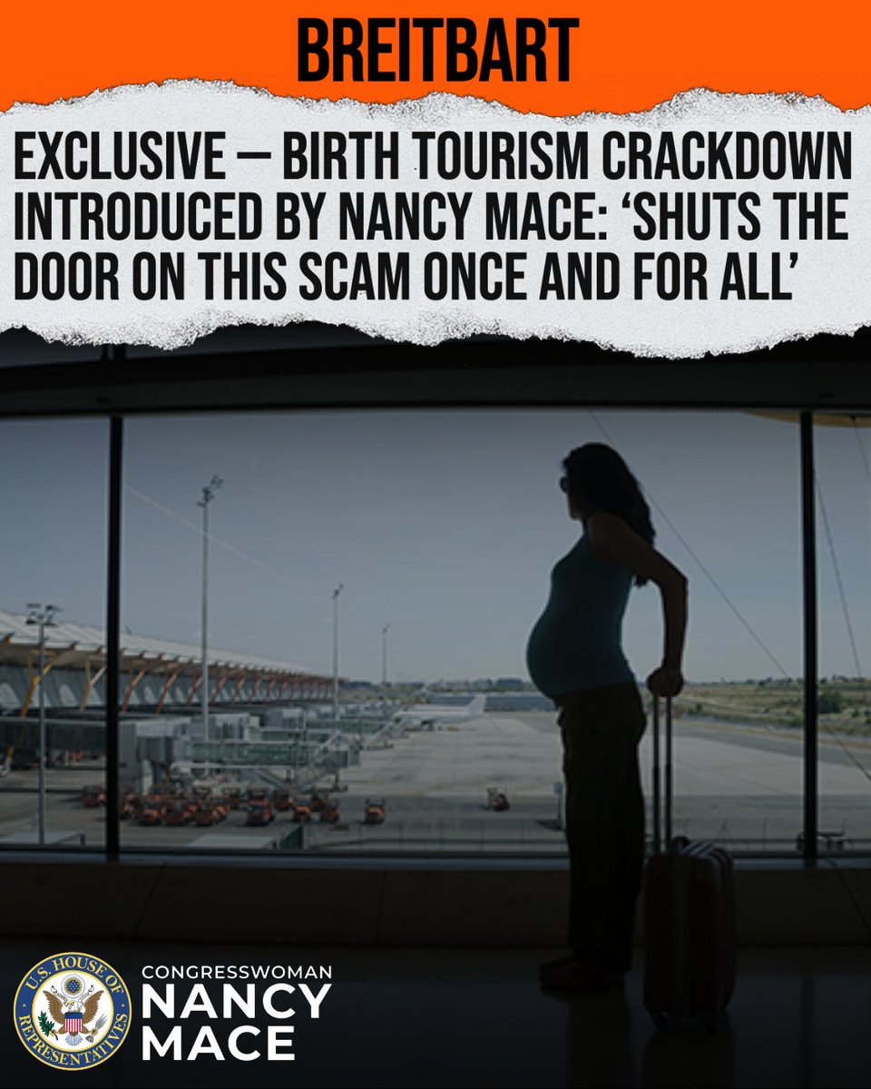 RepNancyMace's tweet photo. America is not the world's maternity ward.

We introduced the American Citizenship Integrity Act to crack down on birth tourism schemes. Anyone who recruits, transports, or facilitates birth tourism would face up to 15 years in prison per offense, and organized criminal enterprises would face up to 30 years. The bill also creates a federal task force to investigate and dismantle these networks.

American citizenship is a privilege. We're shutting the door on this scam once and for all.