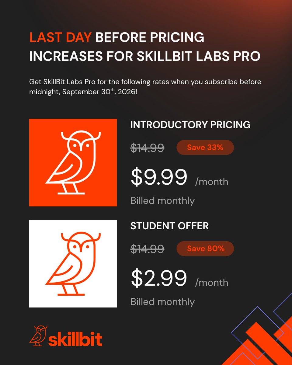 SkillBitLabs's tweet photo. Today is the final day to lock in SkillBit Labs Pro at the introductory pricing of $9.99/month, or $99.99/year.

In addition, if you are a student, the SkillBit Back-to-School promotion also ends at midnight tonight.

Get started at https://t.co/VDyjcW3CYM

More in the comments https://t.co/aJlFt5T2kk