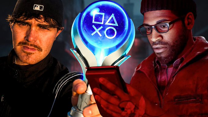 Two men flank a glowing blue trophy featuring PlayStation symbols, with one man looking at a phone screen.