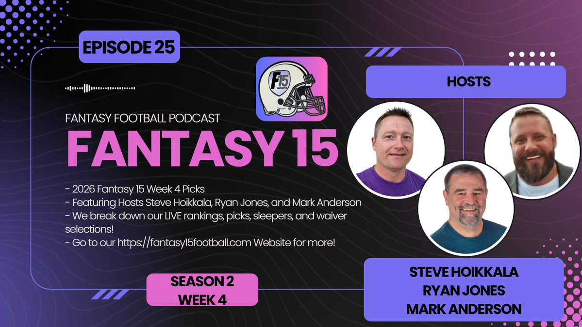 Fantasy15FB's tweet photo. 🏈 Week 4 is here! The Fantasy 15 crew—Steve Hoikkala, Ryan Jones & Mark Anderson—break down fantasy rankings, sleeper picks, waiver wire targets & start/sit decisions for 2026! 📈🔥
Get your lineup ready! #FantasyFootball #NFLWeek4 #Fantasy15 #NFL
https://t.co/2PImApxyIz https://t.co/RGMFdIDiiy