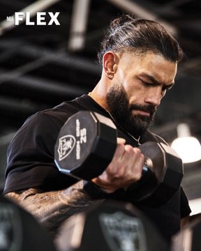 A bearded man with a ponytail lifts a heavy dumbbell in a gym setting, with the 'Mr FLEX' logo visible in the top left corner.