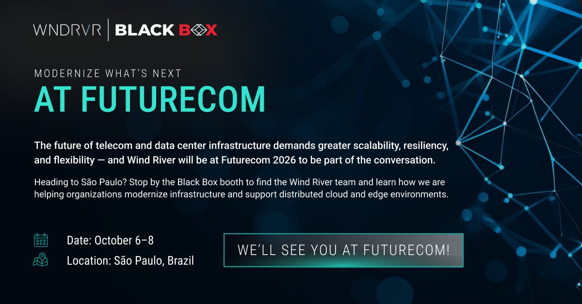 WindRiver's tweet photo. Excited for Futurecom on Oct.6-8 in Brazil. Wind River can help teams navigate intelligent approaches to cloud modernization, data center infrastructure, edge computing, and next gen telco workloads. Drop by the Black Box booth and talk with our experts. 
https://t.co/EZF3WGHIjn https://t.co/PnyloMFqZW