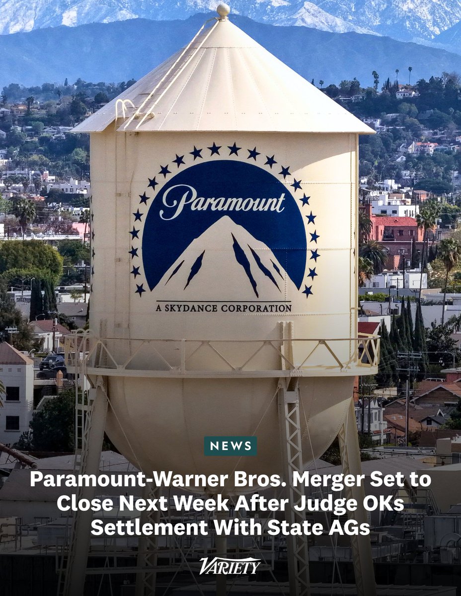Variety's tweet photo. Paramount’s settlement with 12 state attorneys general has been approved by U.S. District Judge Araceli Martínez-Olguín, clearing the final remaining barrier to its Warner Bros. Discovery merger.

Paramount has tentatively set Tuesday, Oct. 6, to close the deal, per regulatory filings.

https://t.co/OVGADgYZTV