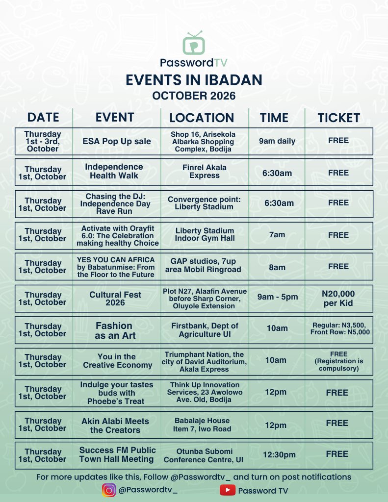 passwordtv__'s tweet photo. Events in Ibadan
October 2026

Kindly Repost 🔁

1/5

#EventsInIbadan #WhatToDoInIbadan #OctoberInIbadan #IbadanEvents #PasswordTV https://t.co/kgo2OtBGO9
