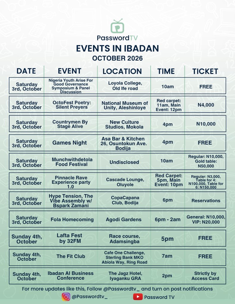 passwordtv__'s tweet photo. Events in Ibadan
October 2026

Kindly Repost 🔁

1/5

#EventsInIbadan #WhatToDoInIbadan #OctoberInIbadan #IbadanEvents #PasswordTV https://t.co/kgo2OtBGO9