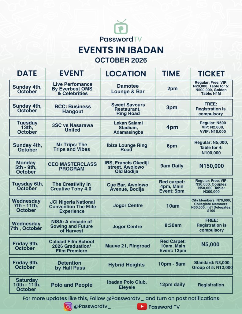 passwordtv__'s tweet photo. Events in Ibadan
October 2026

Kindly Repost 🔁

1/5

#EventsInIbadan #WhatToDoInIbadan #OctoberInIbadan #IbadanEvents #PasswordTV https://t.co/kgo2OtBGO9