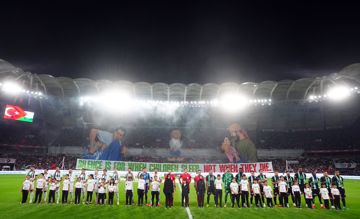 trtworld's tweet photo. Turkish President Recep Tayyip Erdogan: 

- Friendly match between Konyaspor and Palestinian National Football Team exemplified brotherhood, solidarity, and unity
- My heartfelt greetings to Palestinian footballers and brotherly Palestinian people
- We will continue to stand as one with Palestinians to defend their rights on international stage and to demonstrate our solidarity in strongest possible way